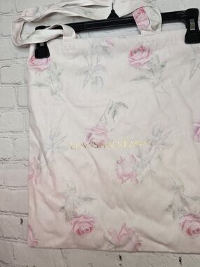 LoveShackFancy Cream Tote with Pink Rose Print and Gold Logo
